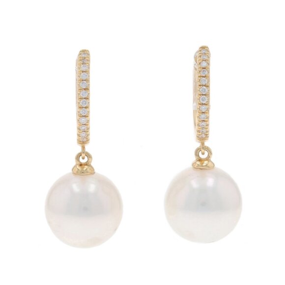 Yellow Gold Diamond Cultured Freshwater Pearl Hoop Earrings 14k Round Pierced - Picture 1 of 6